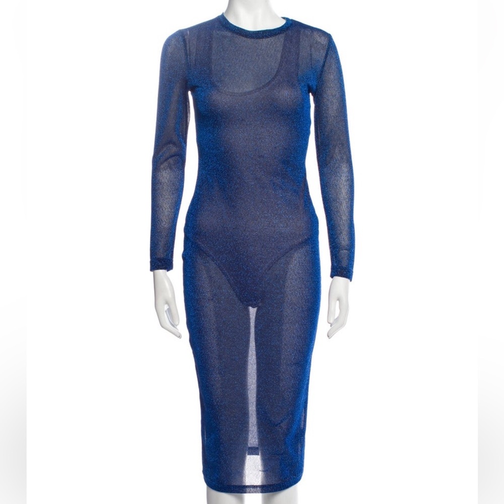 Cynthia Rowley Metallic Sheer Long-Sleeve Blue Midi Dress